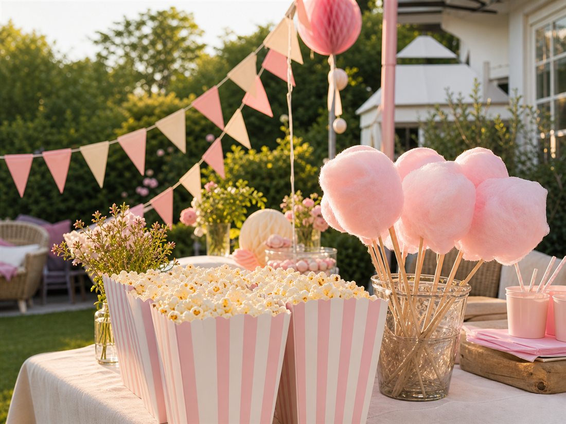 Festbord med popcornbægre og lyserød candyfloss under vimpler