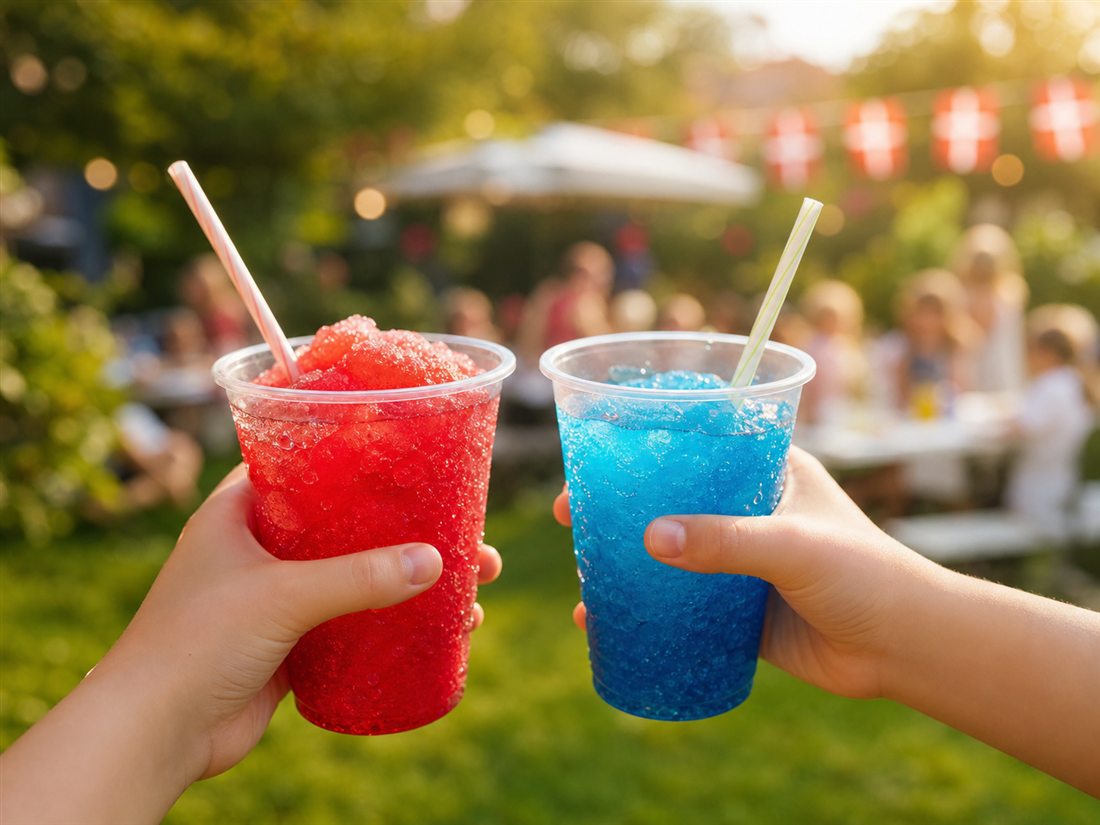 To børnehænder skåler med rød og blå slushice til sommerfest